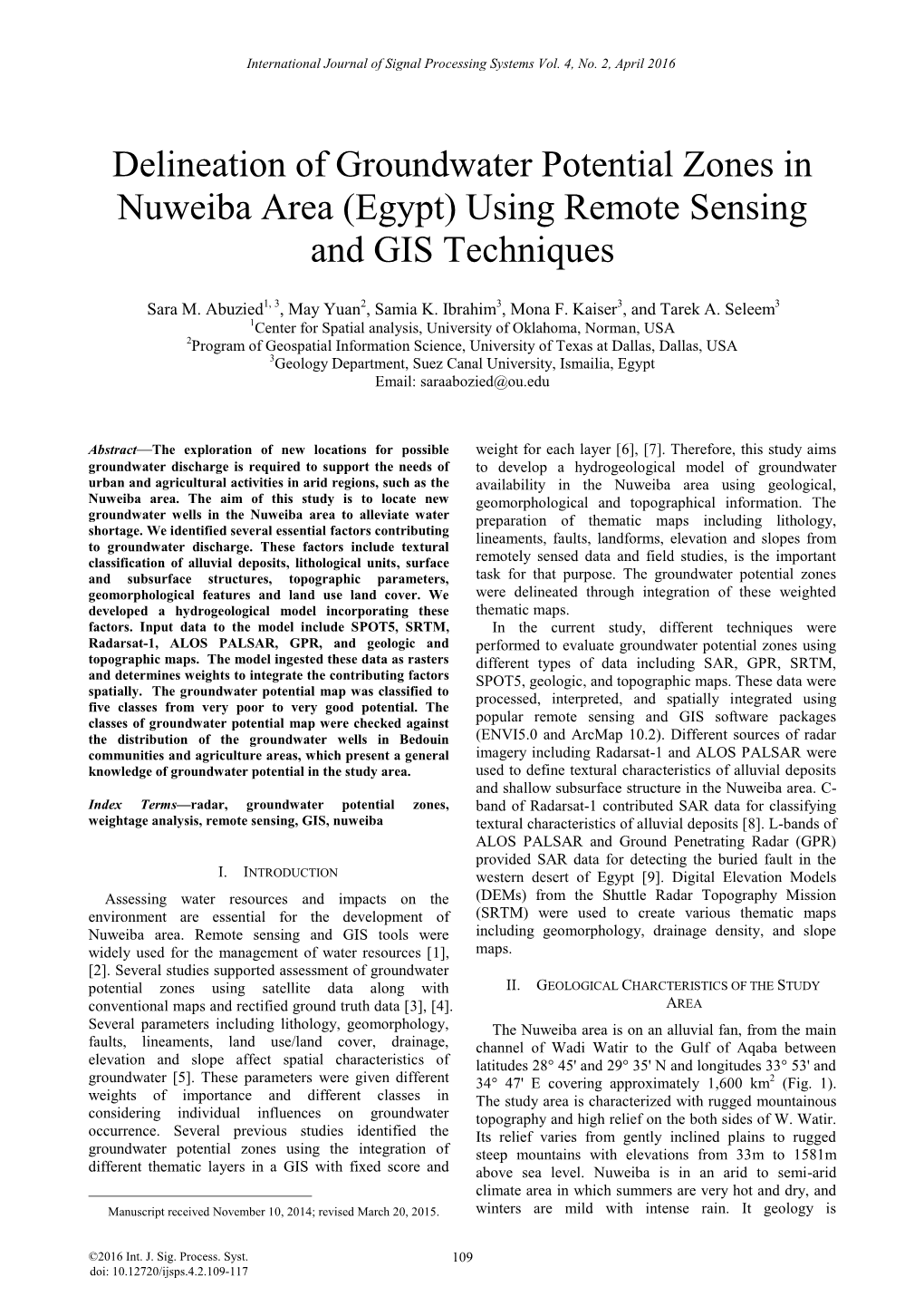 Delineation of Groundwater Potential Zones in Nuweiba Area (Egypt) Using Remote Sensing and GIS Techniques