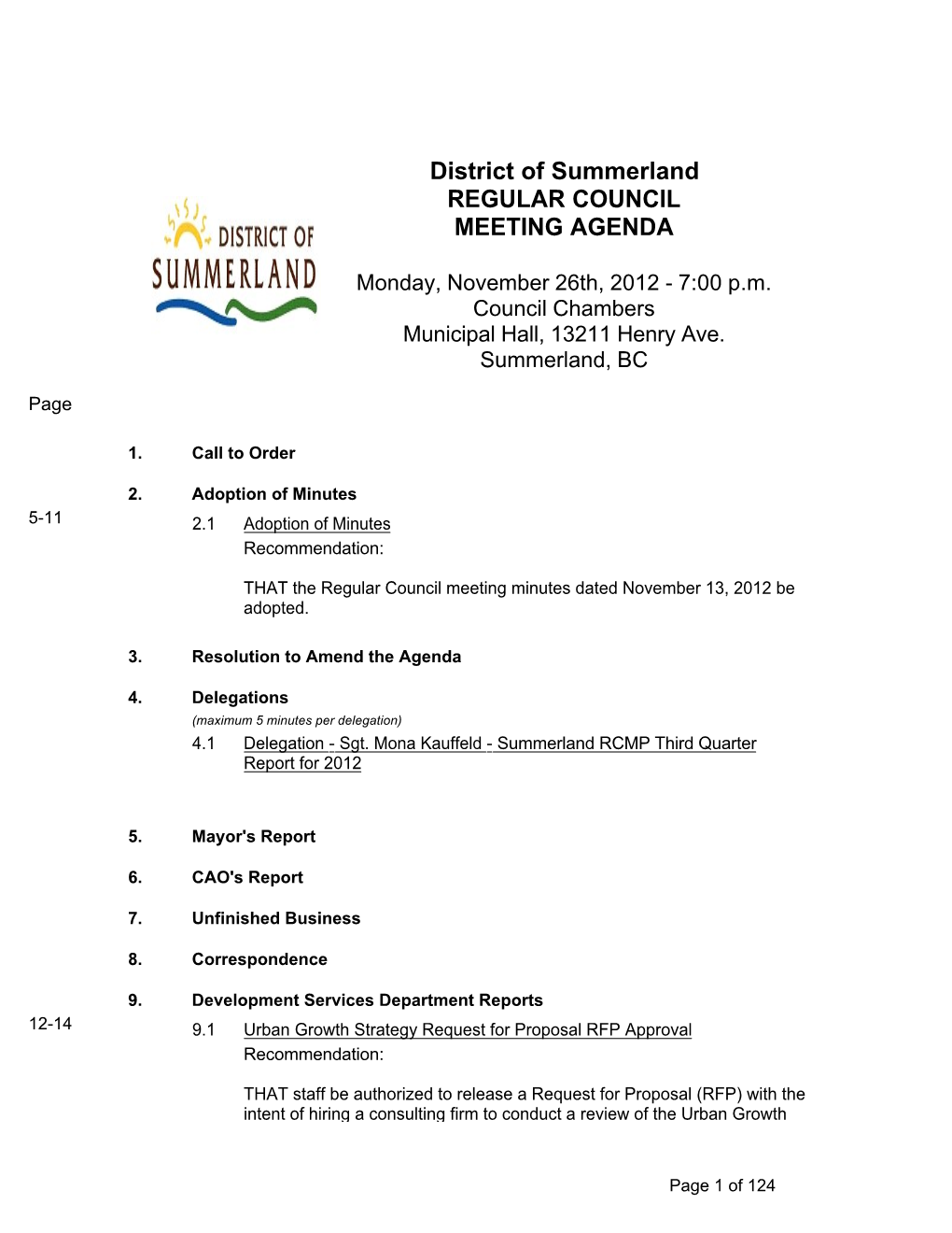 District of Summerland REGULAR COUNCIL MEETING AGENDA