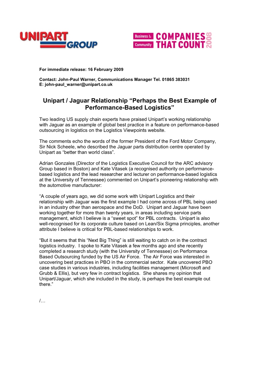 Unipart / Jaguar Relationship “Perhaps the Best Example of Performance-Based Logistics”