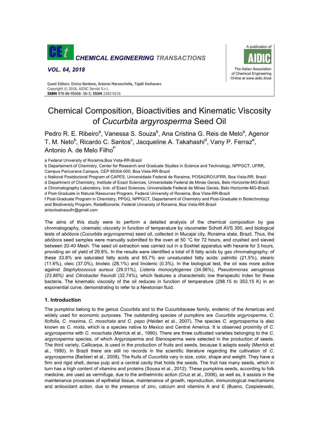 Chemical Composition, Bioactivities and Kinematic Viscosity of Cucurbita Argyrosperma Seed Oil Pedro R