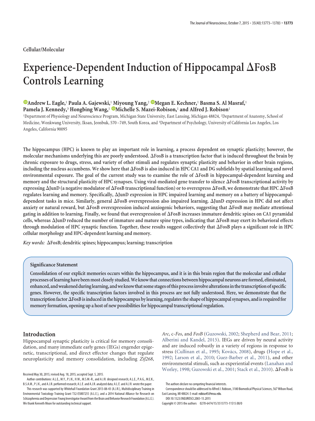 Experience-Dependent Induction of Hippocampal Fosb Controls Learning