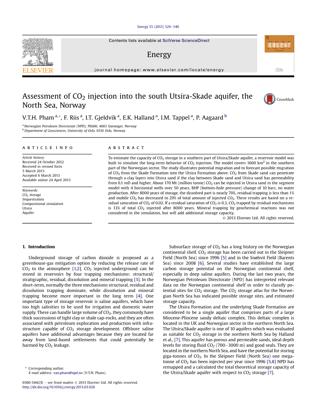 Assessment of CO2 Injection Into the South Utsira-Skade Aquifer, the North Sea, Norway