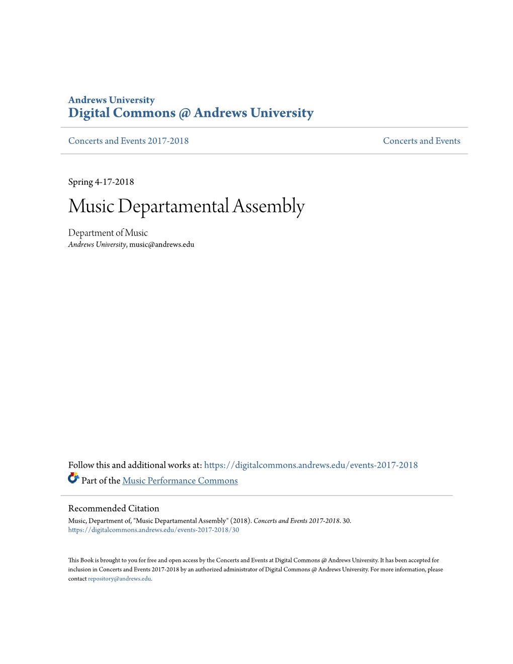 Music Departamental Assembly Department of Music Andrews University, Music@Andrews.Edu