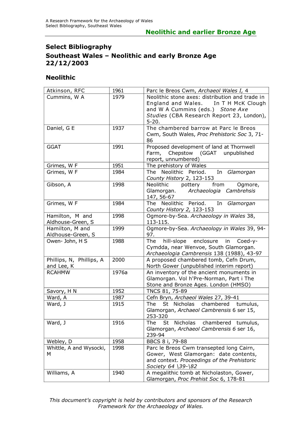 Neolithic and Earlier Bronze Age Select Bibliography Southeast Wales