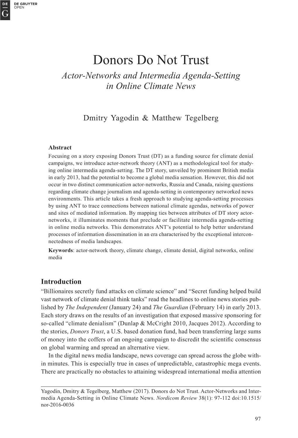 Donors Do Not Trust Actor-Networks and Intermedia Agenda-Setting in Online Climate News