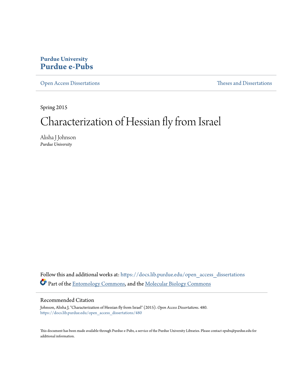 Characterization of Hessian Fly from Israel Alisha J Johnson Purdue University