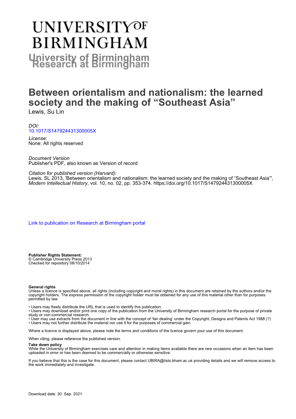 University of Birmingham Between Orientalism and Nationalism: The