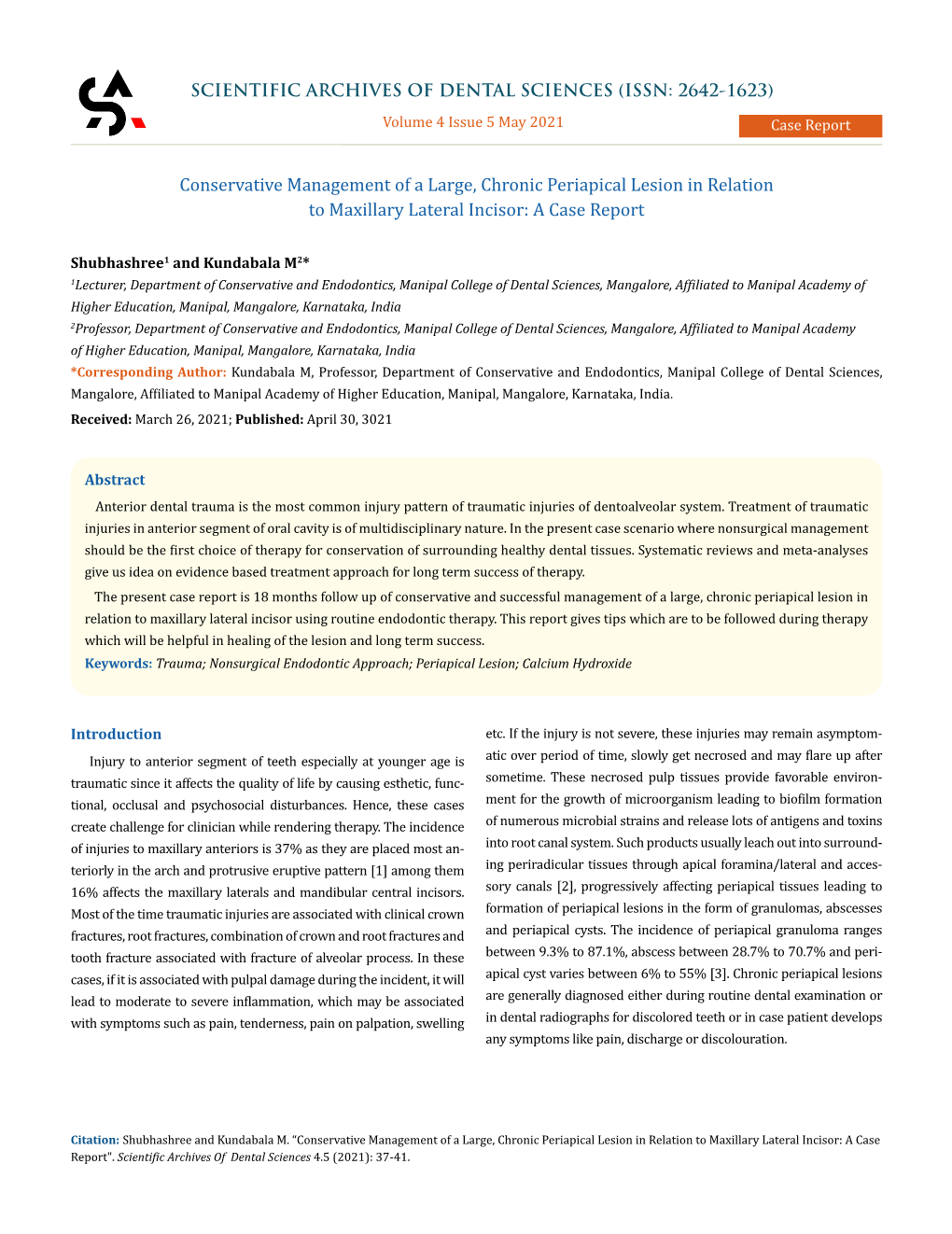 Conservative Management of a Large, Chronic Periapical Lesion in Relation to Maxillary Lateral Incisor: a Case Report