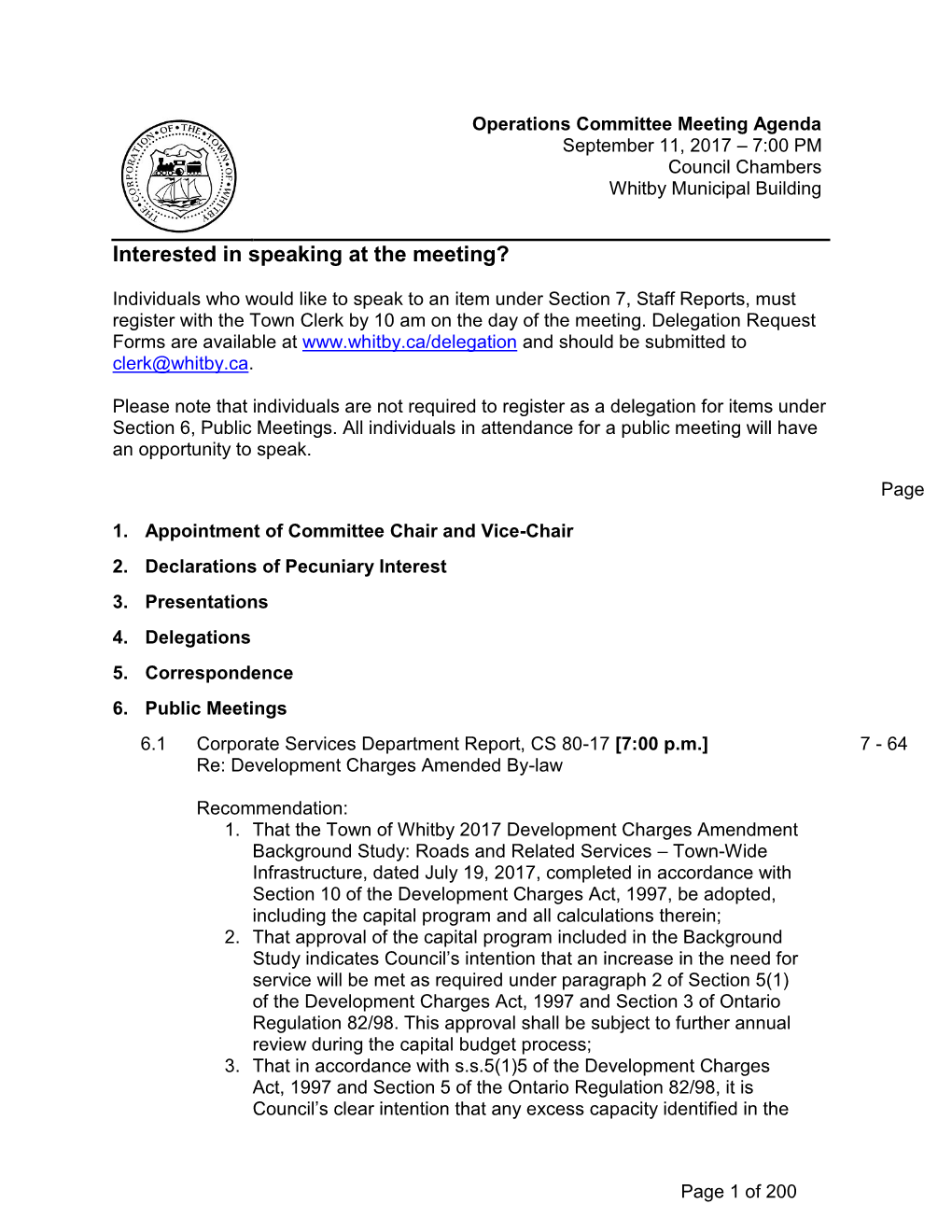 Operations Committee Meeting Agenda September 11, 2017 – 7:00 PM Council Chambers Whitby Municipal Building