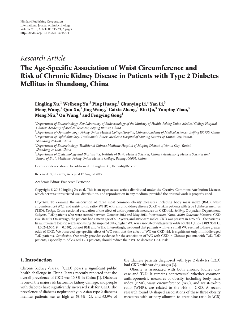 The Age-Specific Association of Waist Circumference and Risk of Chronic Kidney Disease in Patients with Type 2 Diabetes Mellitus in Shandong, China