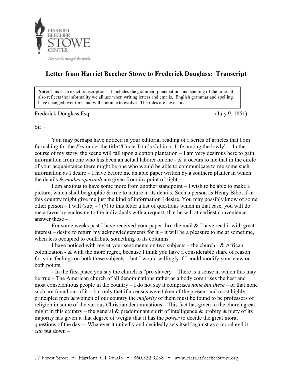 Letter from Harriet Beecher Stowe to Frederick Douglass: Transcript