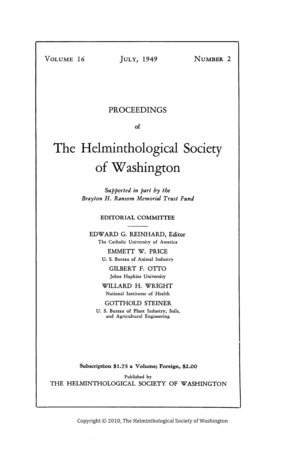 Proceedings of the Helminthological Society of Washington 16(2) 1949