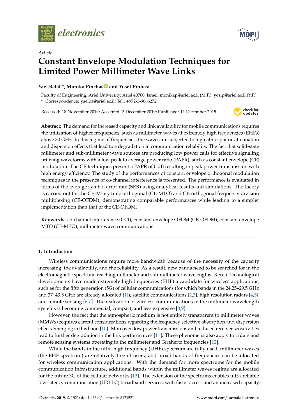 Constant Envelope Modulation Techniques for Limited Power Millimeter Wave Links