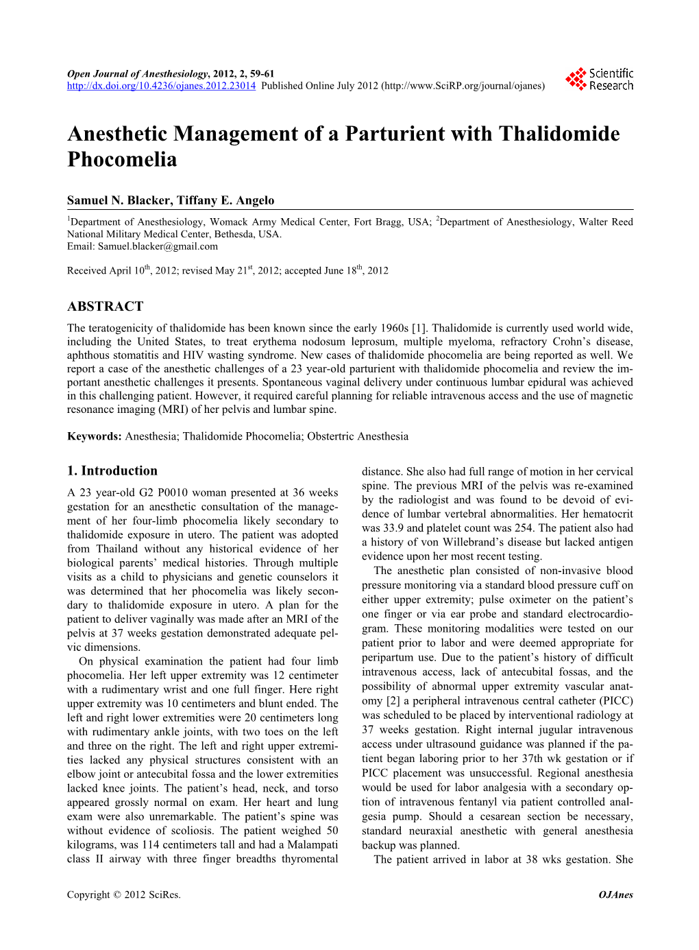 Anesthetic Management of a Parturient with Thalidomide Phocomelia