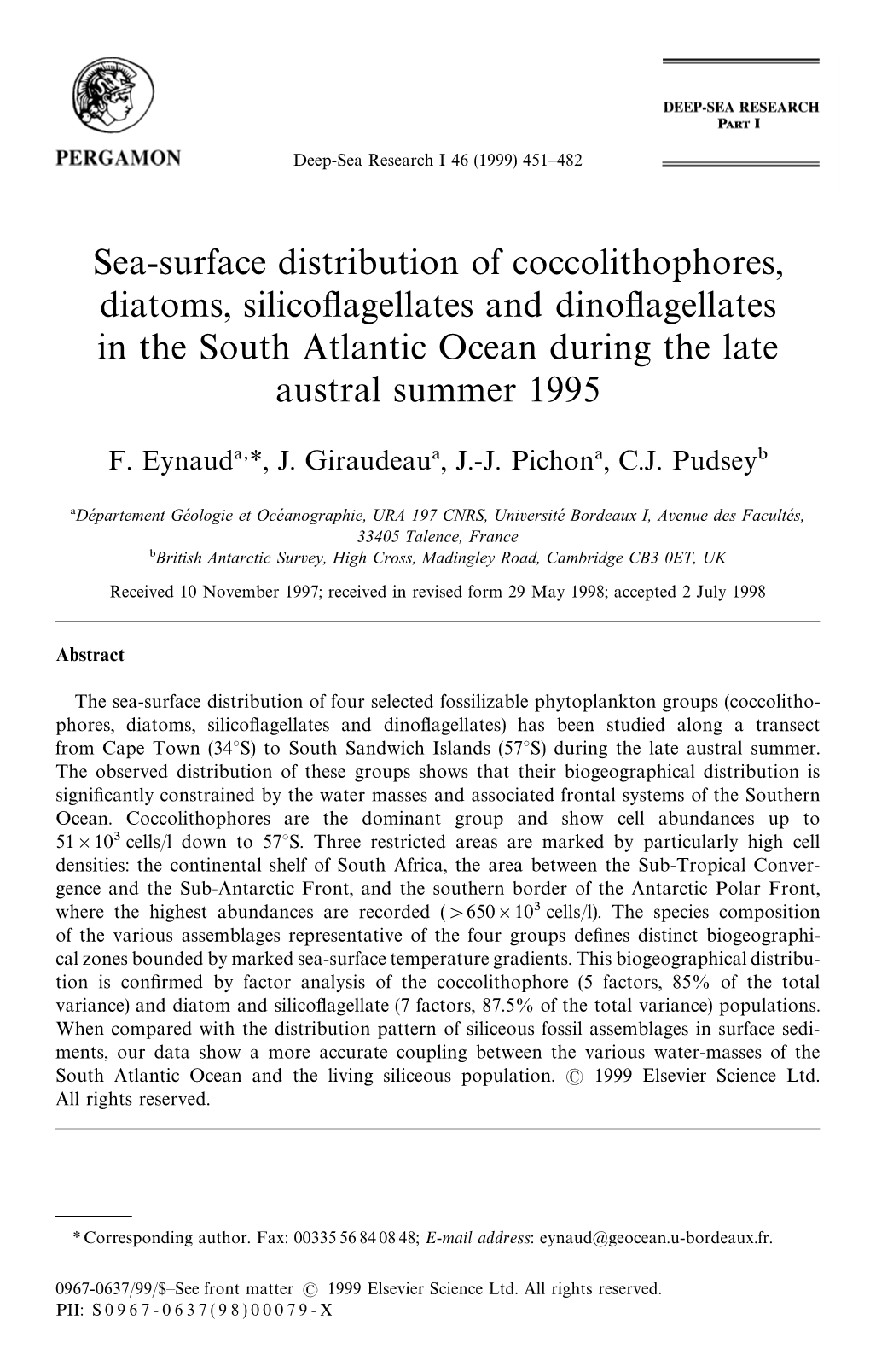 Sea-Surface Distribution of Coccolithophores, Diatoms, Silicoﬂagellates and Dinoﬂagellates in the South Atlantic Ocean During the Late Austral Summer 1995