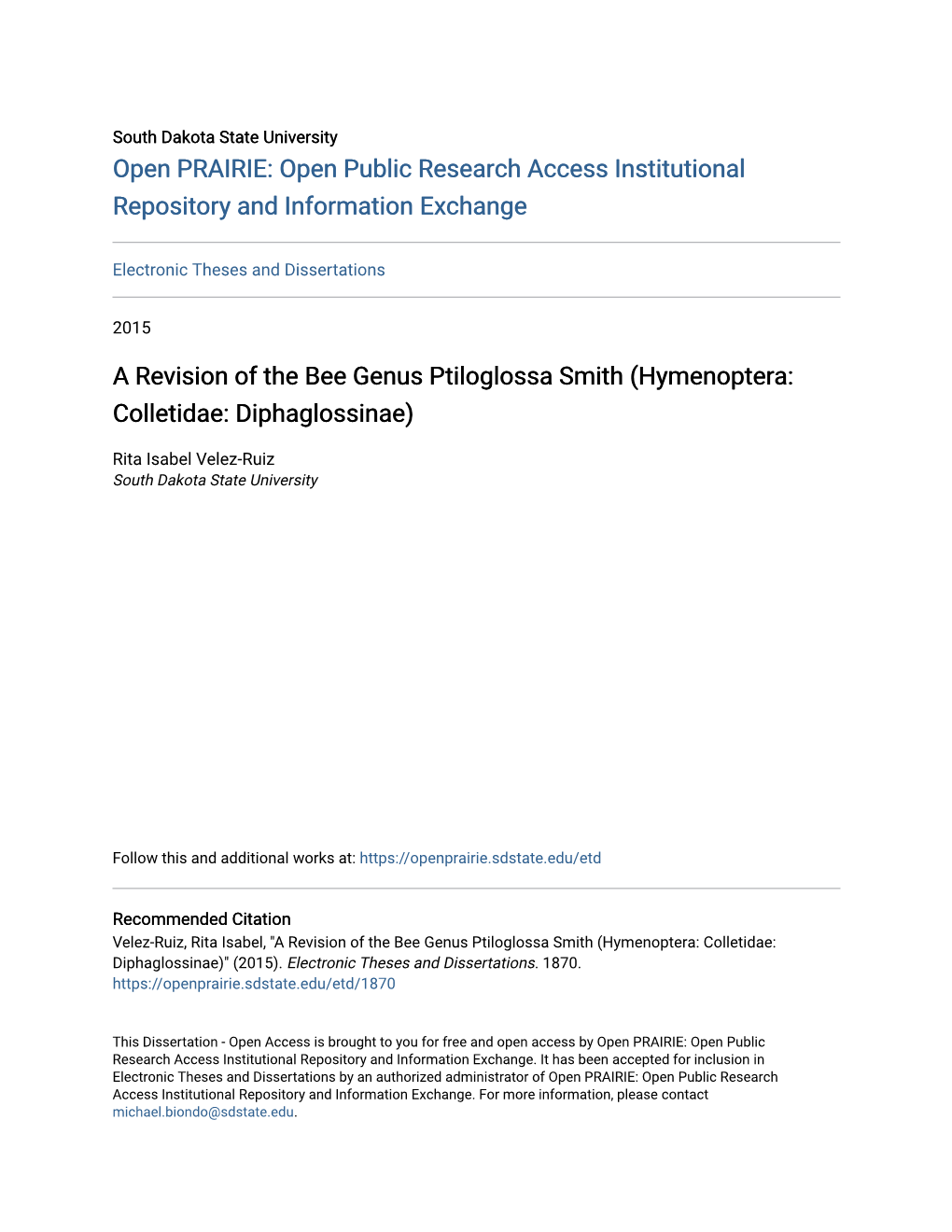 A Revision of the Bee Genus Ptiloglossa Smith (Hymenoptera: Colletidae: Diphaglossinae)