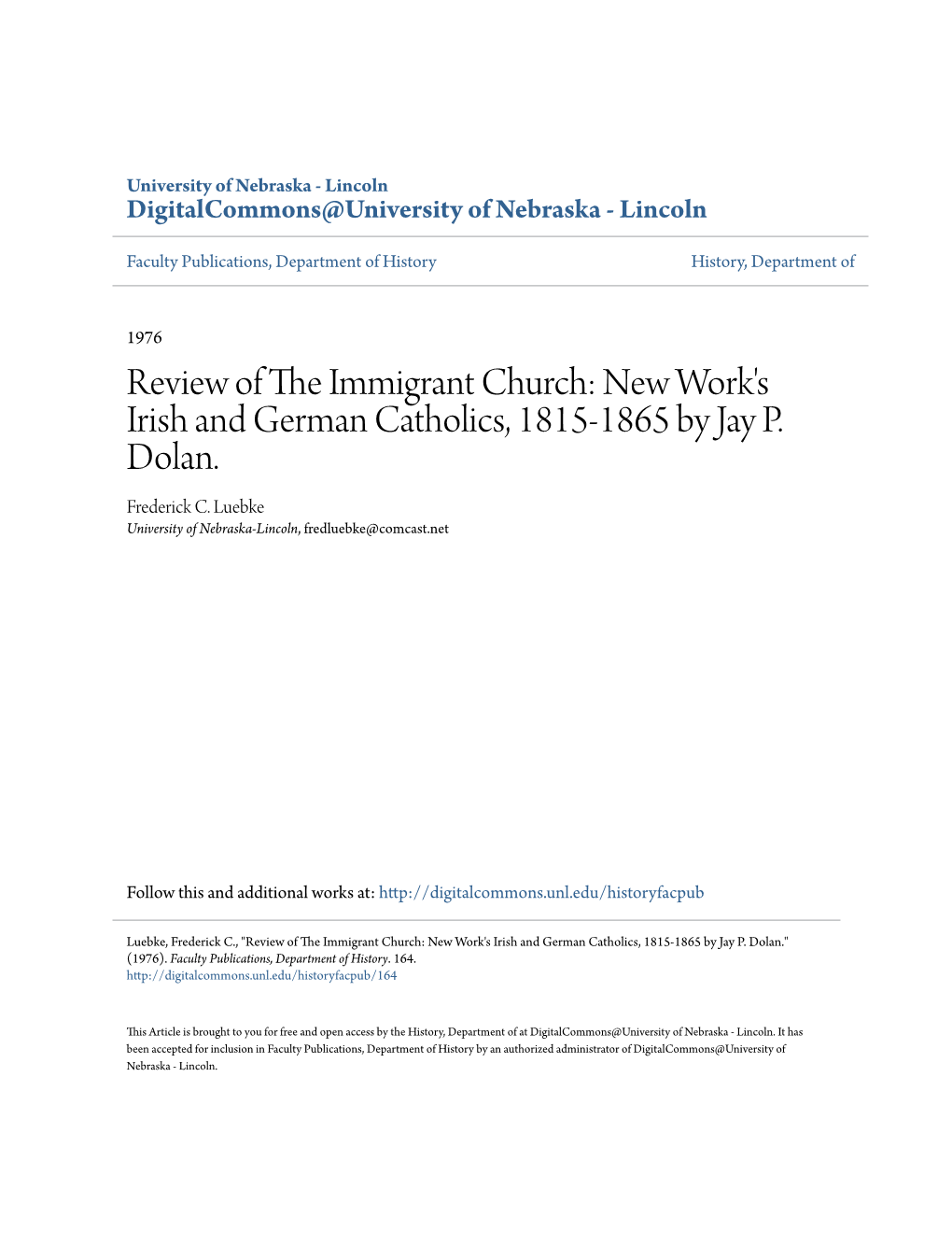 Review of the Immigrant Church: New Work's Irish and German Catholics