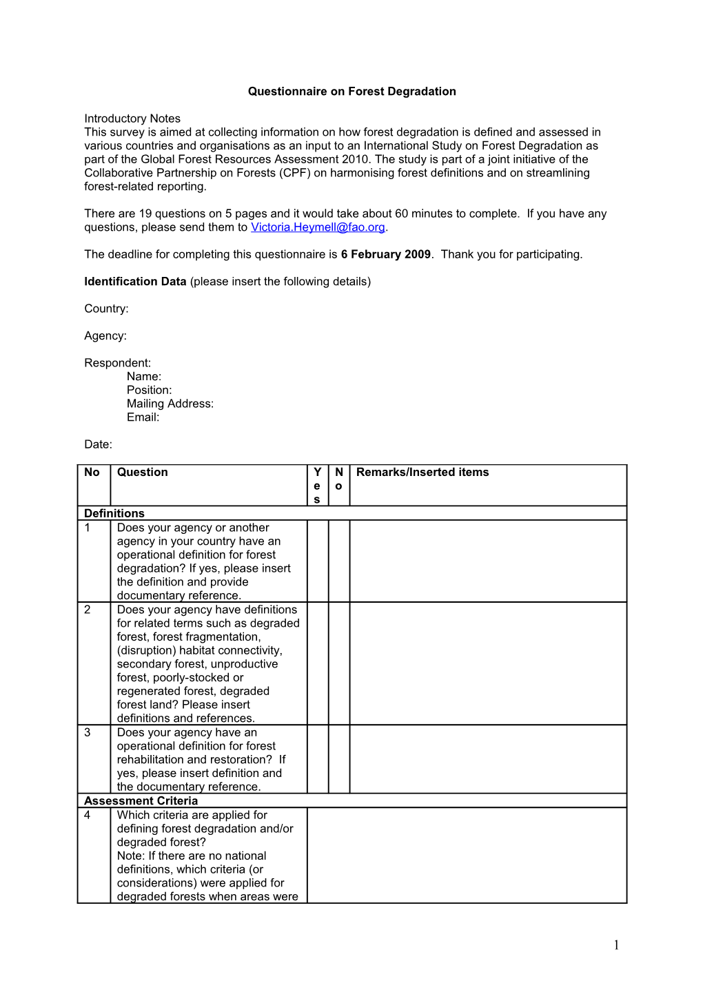 Questionnaire on Forest Degradation