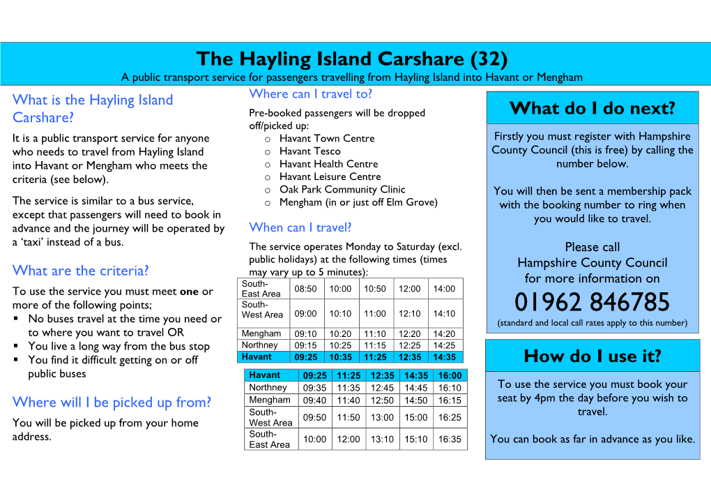 Hayling Island Carshare (32) a Public Transport Service for Passengers Travelling from Hayling Island Into Havant Or Mengham