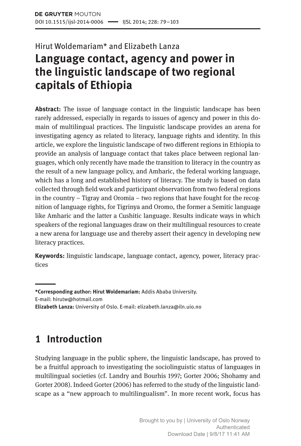 Language Contact, Agency and Power in the Linguistic Landscape of Two Regional Capitals of Ethiopia