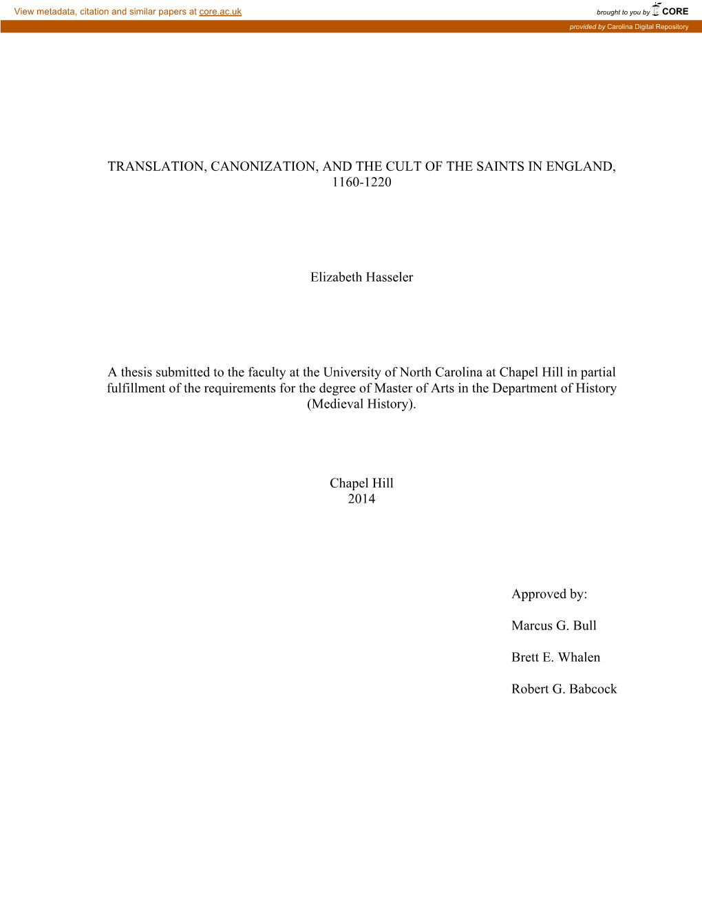 Translation, Canonization, and the Cult of the Saints in England, 1160-1220