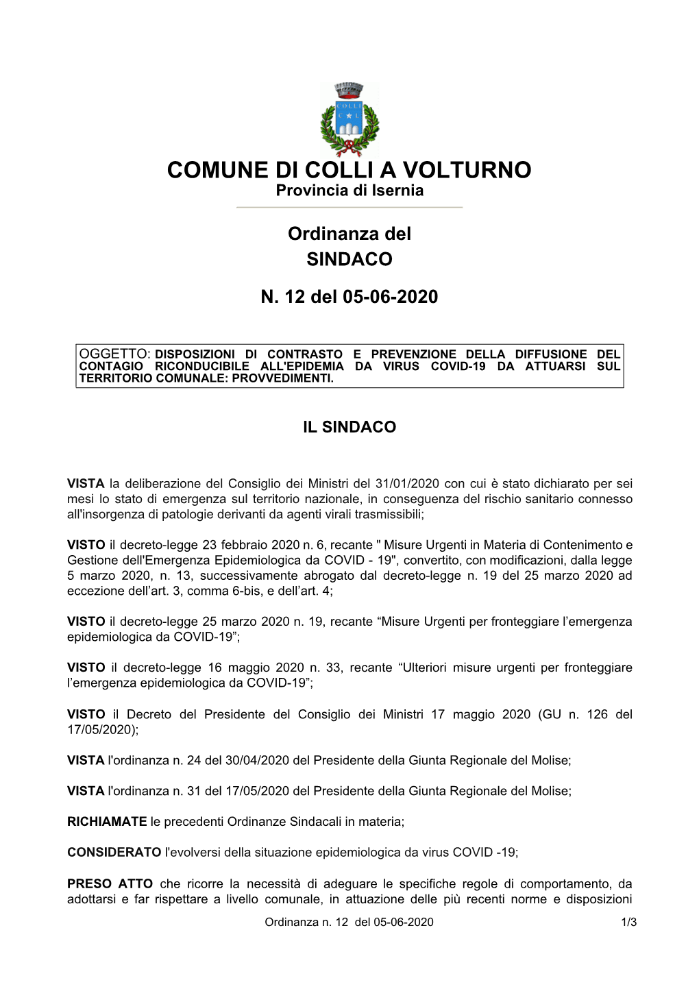 COMUNE DI COLLI a VOLTURNO Provincia Di Isernia