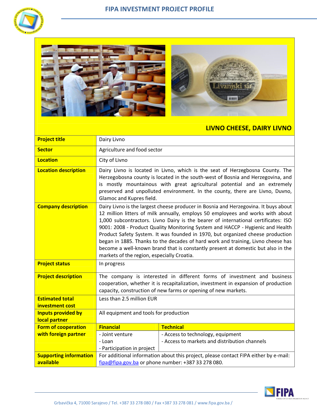 Fipa Investment Project Profile Livno Cheese, Dairy