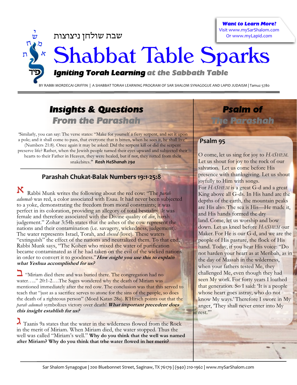 Shabbat Table Sparks Chukat-Balak 5780