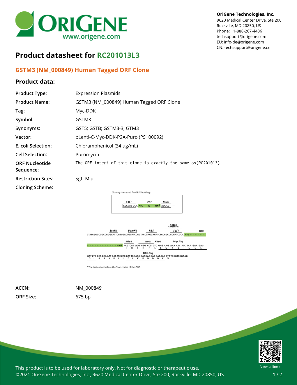 GSTM3 (NM 000849) Human Tagged ORF Clone Product Data