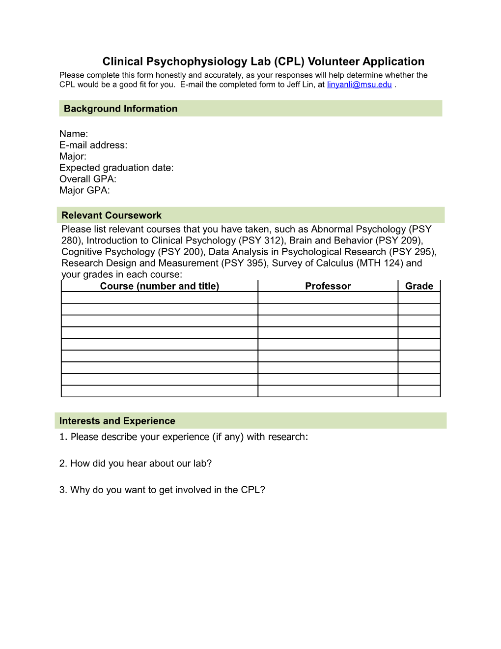 Clinical Psychophysiology Lab (CPL) Volunteer Application