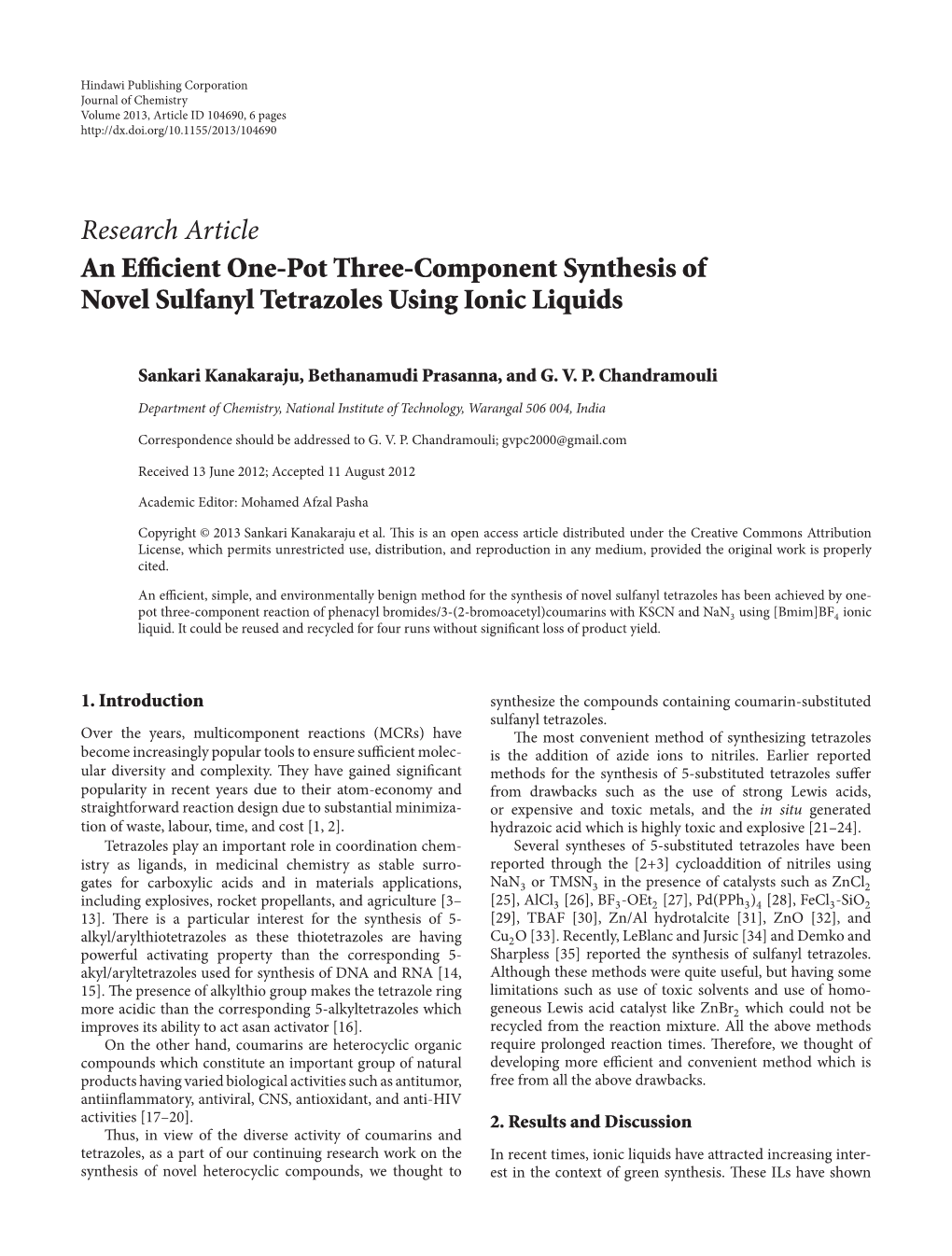 Research Article an Efficient One-Pot Three-Component Synthesis of Novel Sulfanyl Tetrazoles Using Ionic Liquids