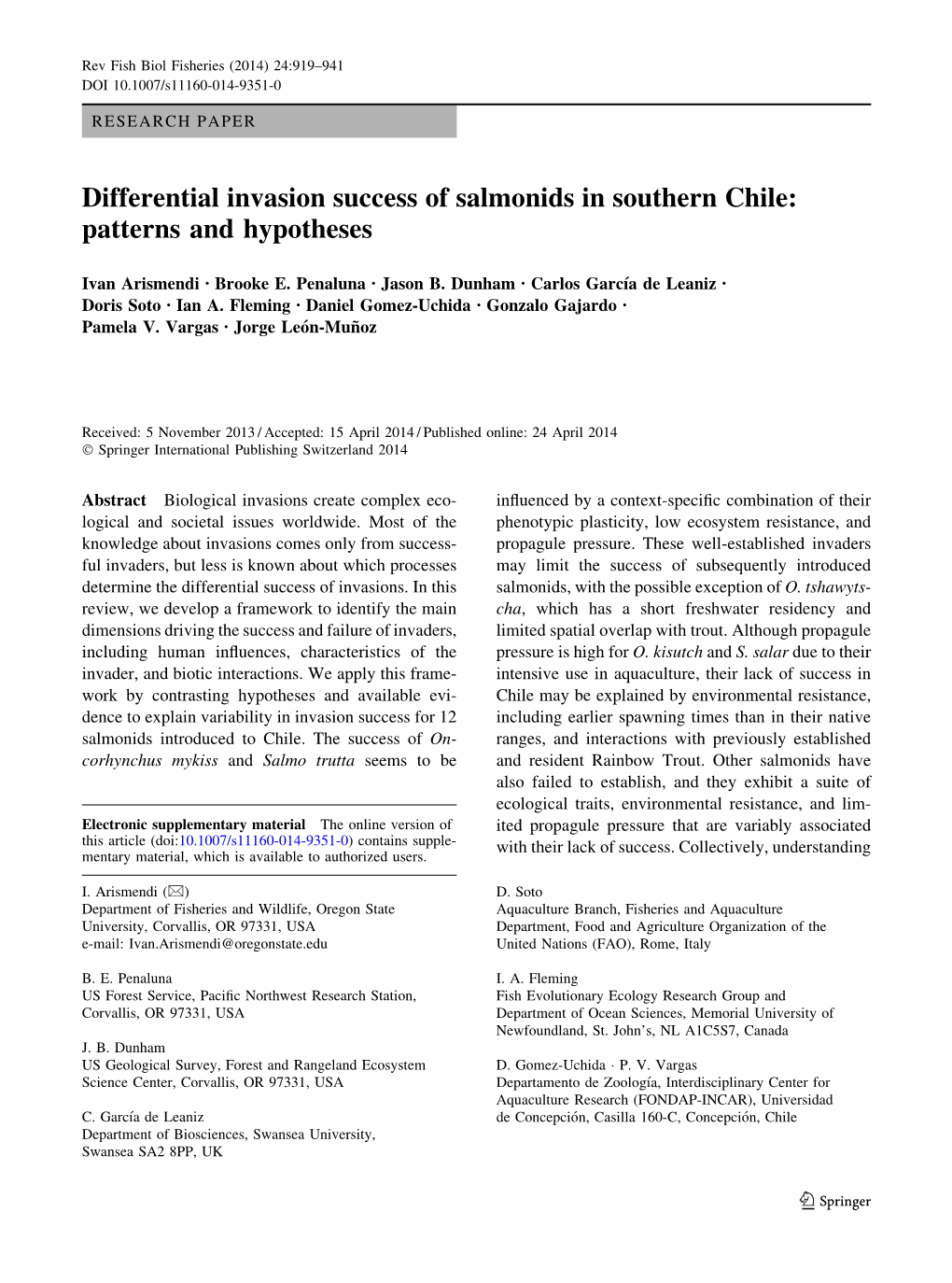 Differential Invasion Success of Salmonids in Southern Chile: Patterns and Hypotheses