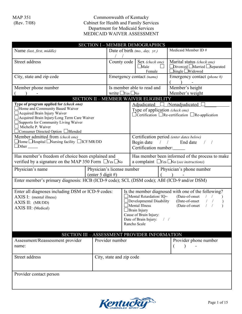 MAP 351A Form, Waiver Assessment