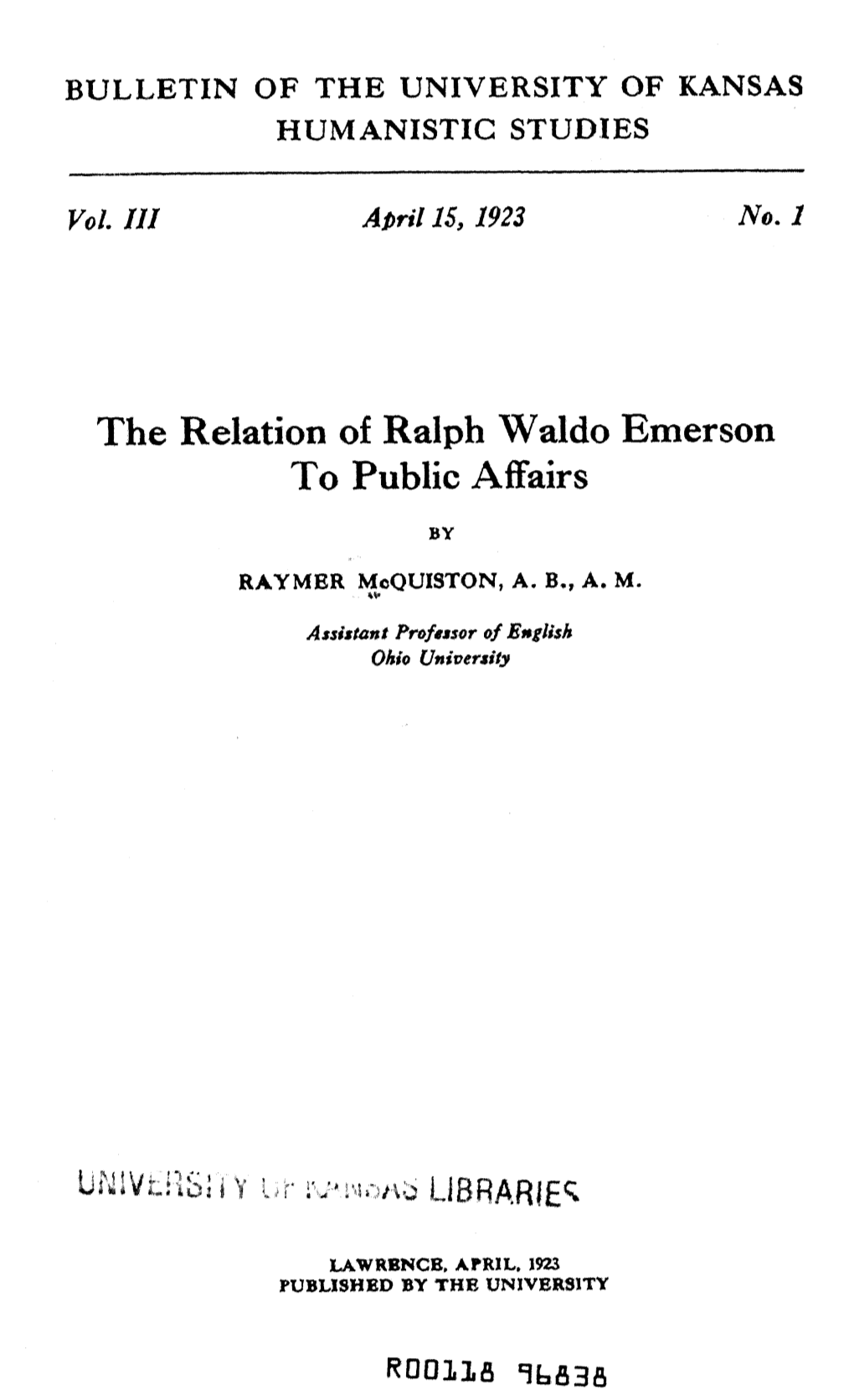 The Relation of Ralph Waldo Emerson to Public Affairs