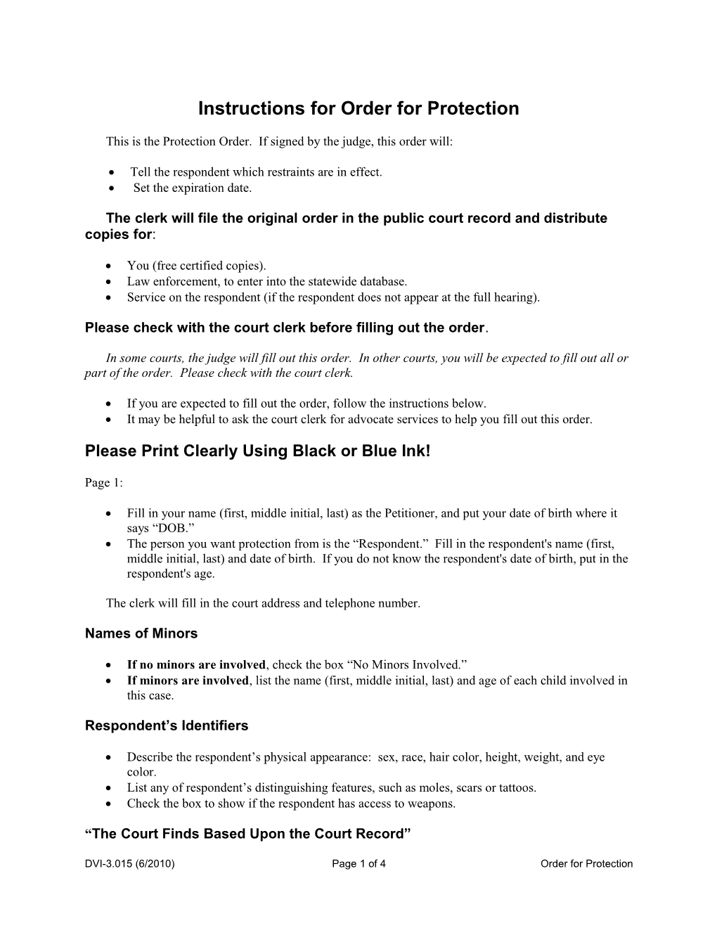 Instructions for Order for Protection