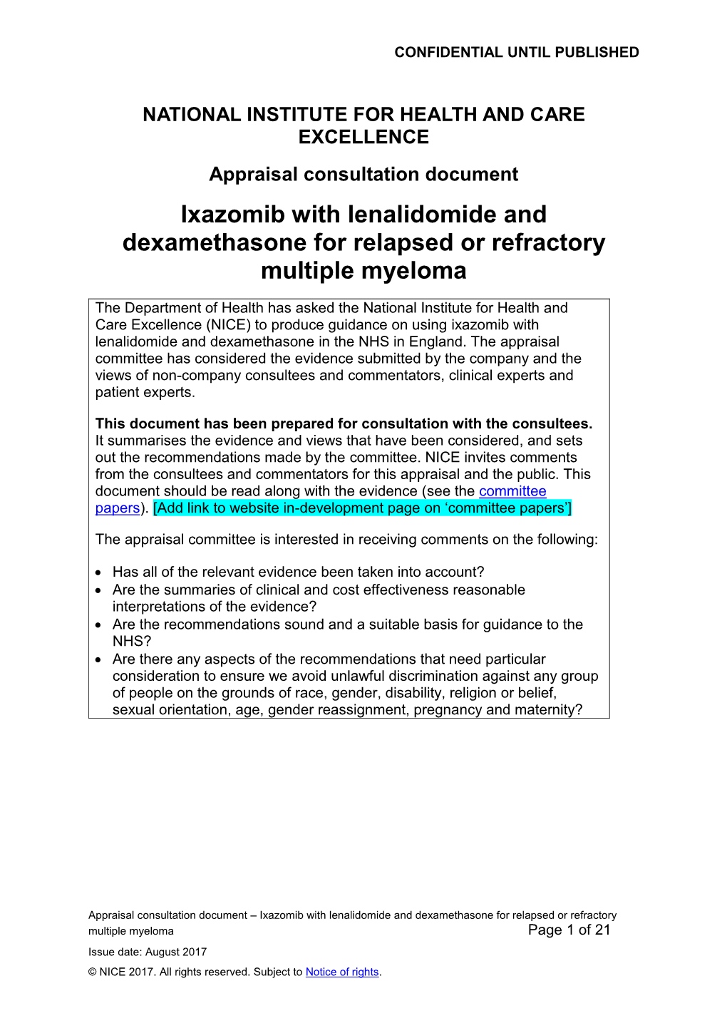 Ixazomib with Lenalidomide and Dexamethasone for Relapsed Or Refractory Multiple Myeloma