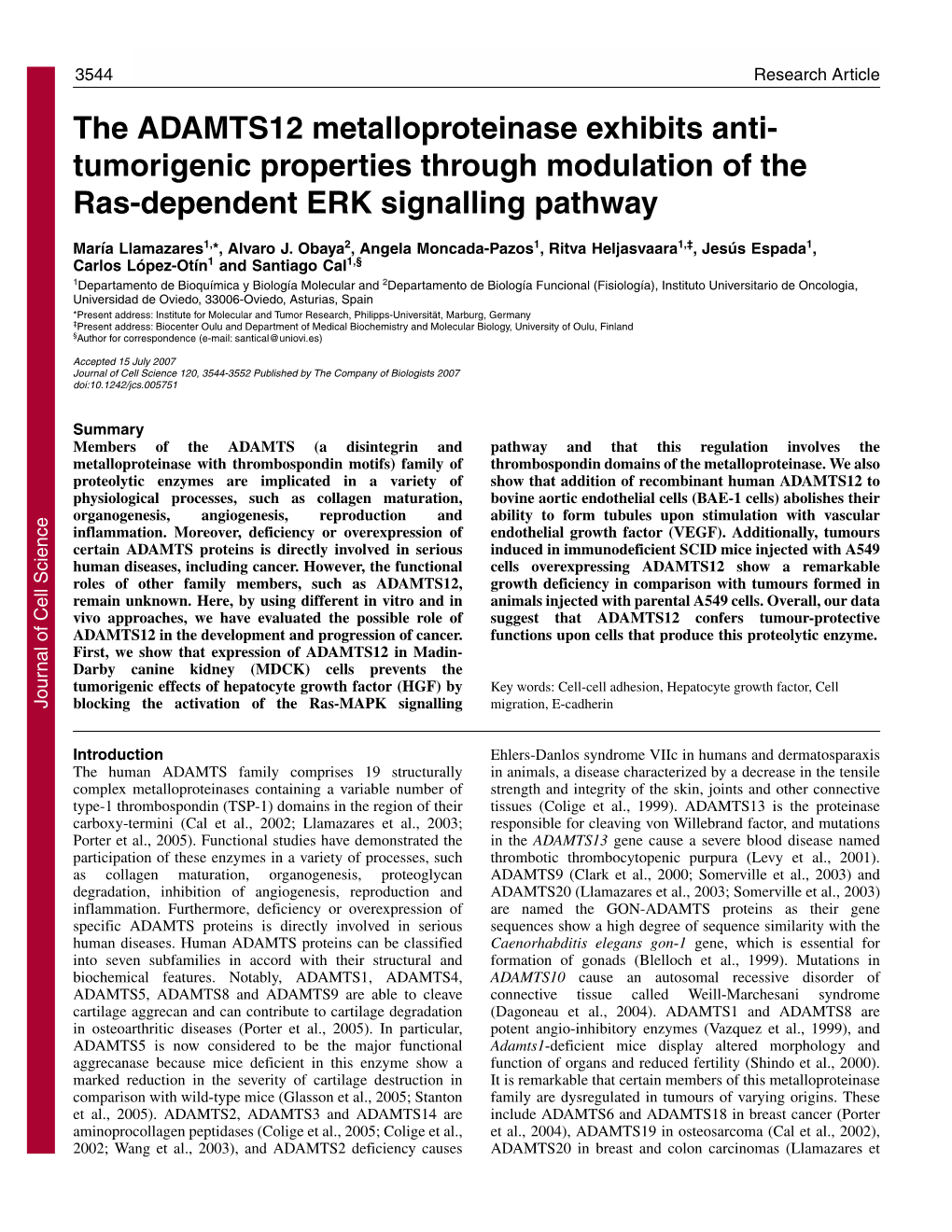 The ADAMTS12 Metalloproteinase Exhibits Anti- Tumorigenic Properties Through Modulation of the Ras-Dependent ERK Signalling Pathway