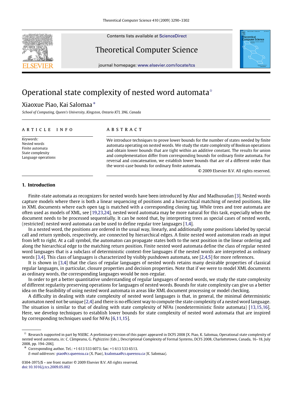 Theoretical Computer Science Operational State Complexity of Nested Word Automata$