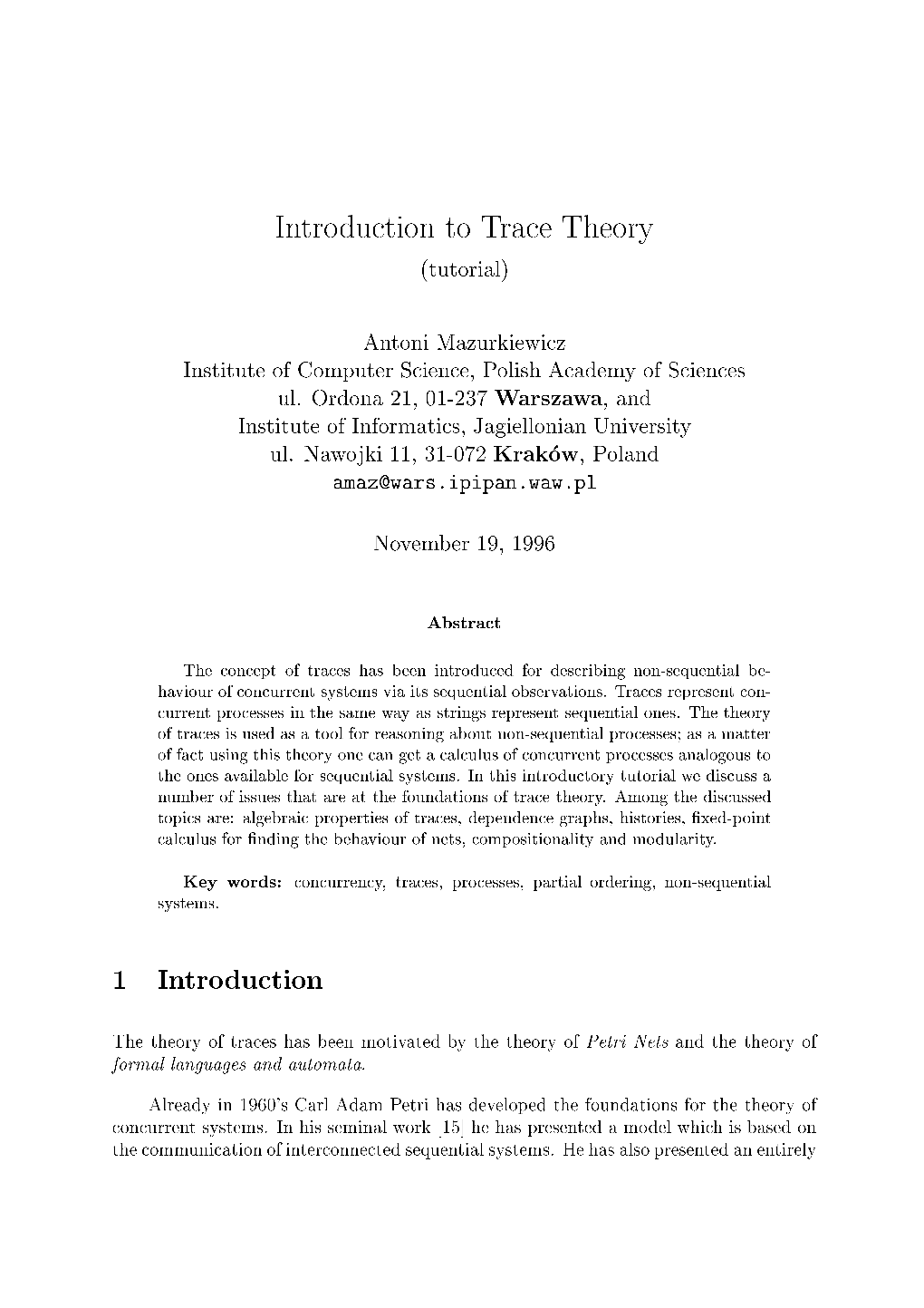 Introduction to Trace Theory 1 Introduction