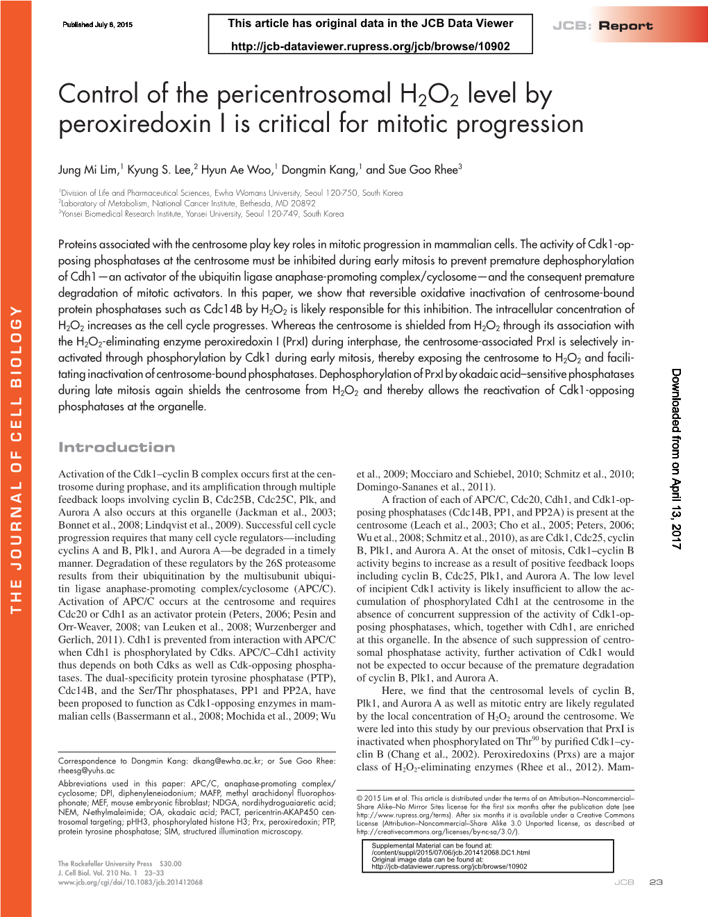 Control of the Pericentrosomal H2O2 Level by Peroxiredoxin I Is Critical for Mitotic Progression