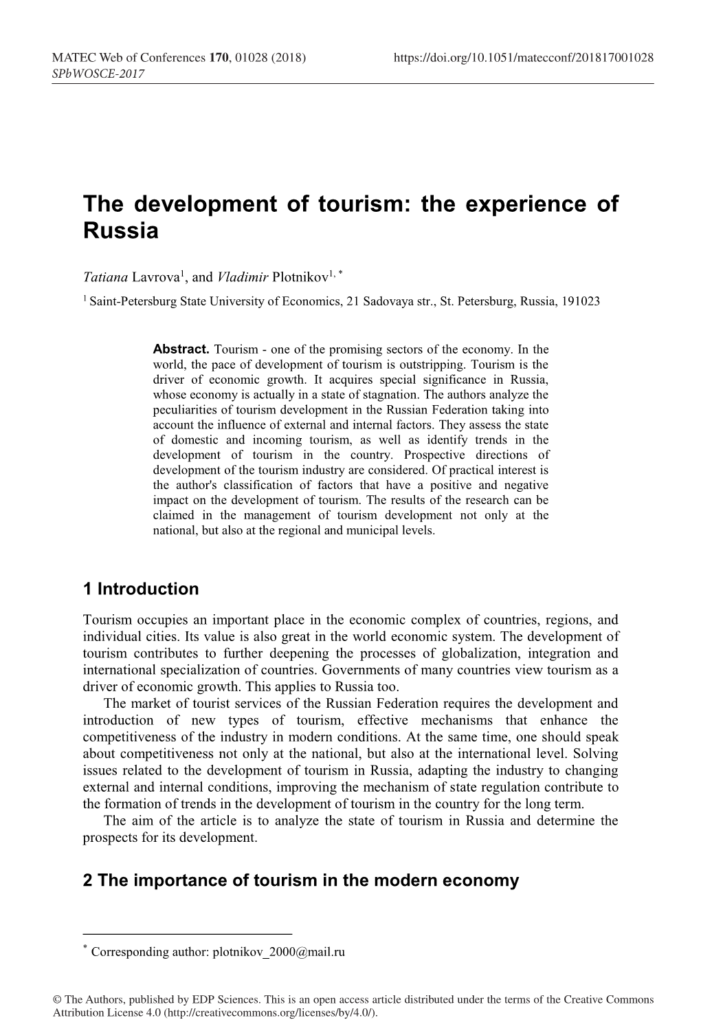 The Development of Tourism: the Experience of Russia