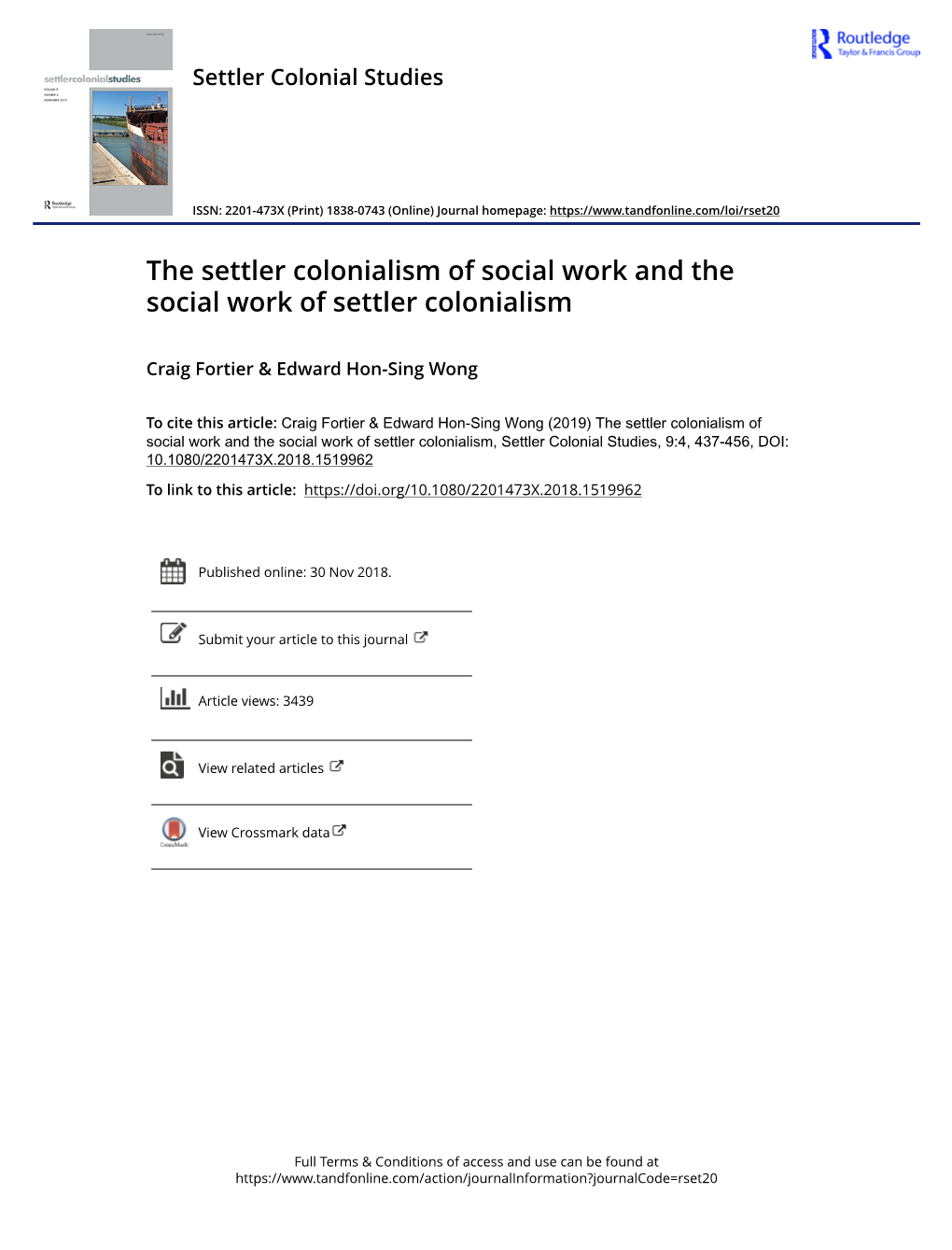 The Settler Colonialism of Social Work and the Social Work of Settler Colonialism