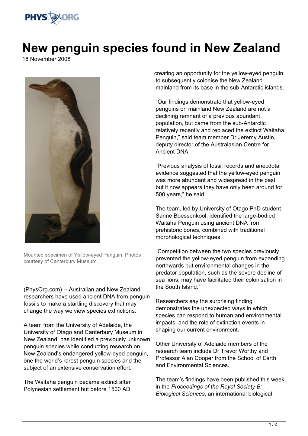 New Penguin Species Found in New Zealand 18 November 2008