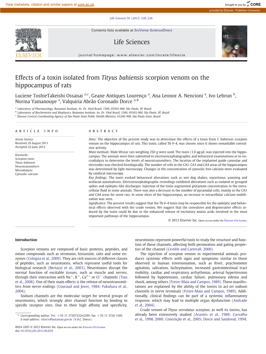 Effects of a Toxin Isolated from Tityus Bahiensis Scorpion Venom on the Hippocampus of Rats