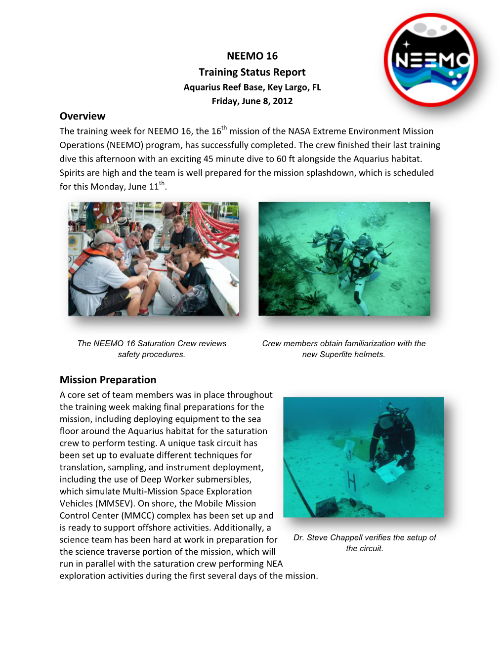 NEEMO 16 Training Status Report Overview Mission Preparation