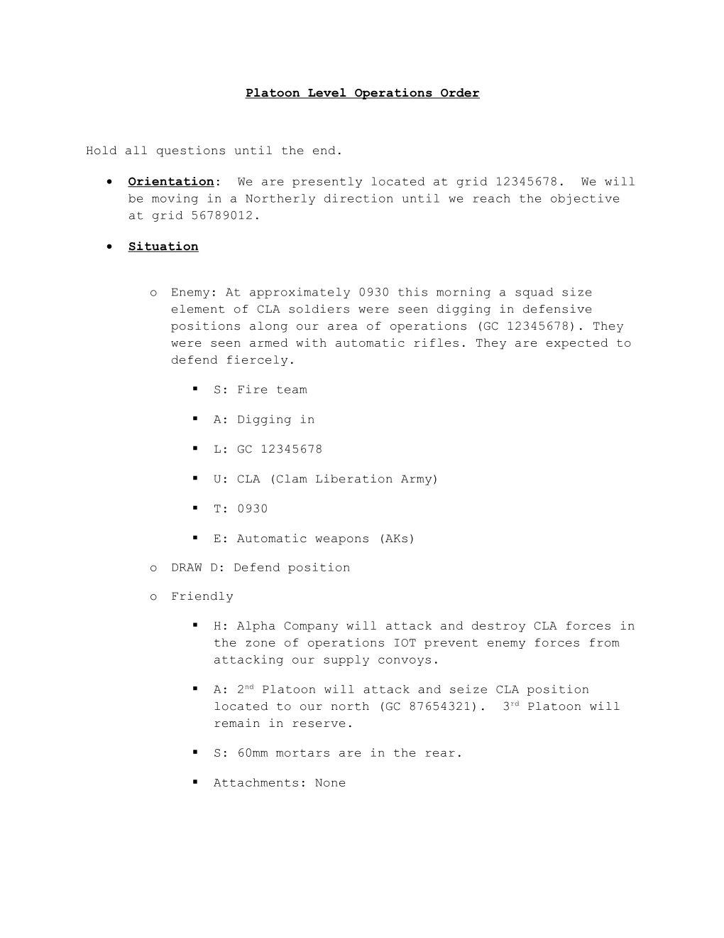 Platoon Level Operations Order