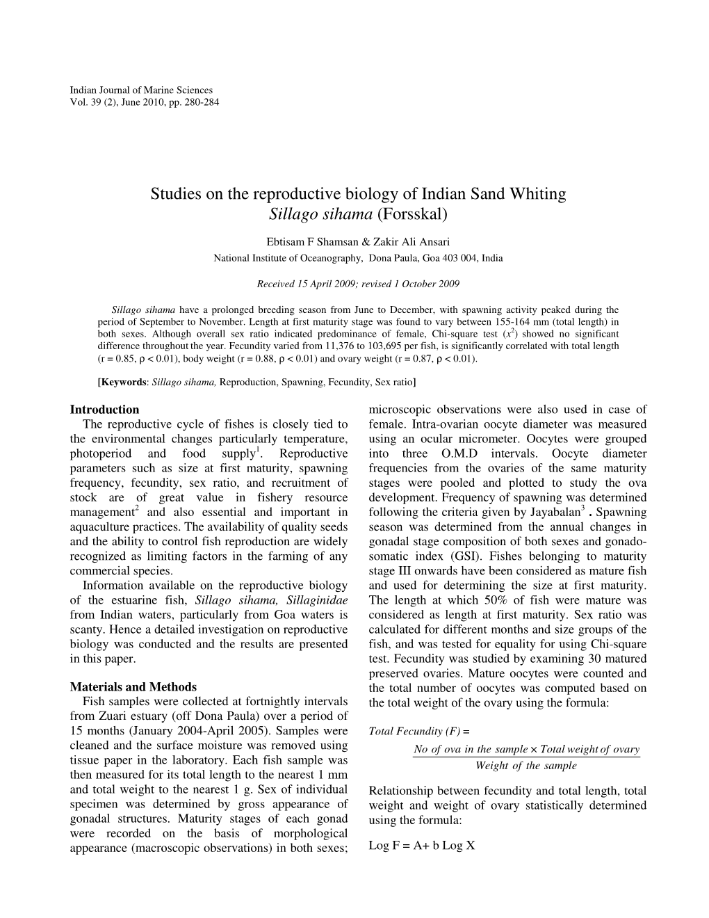 Studies on the Reproductive Biology of Indian Sand Whiting Sillago Sihama (Forsskal)