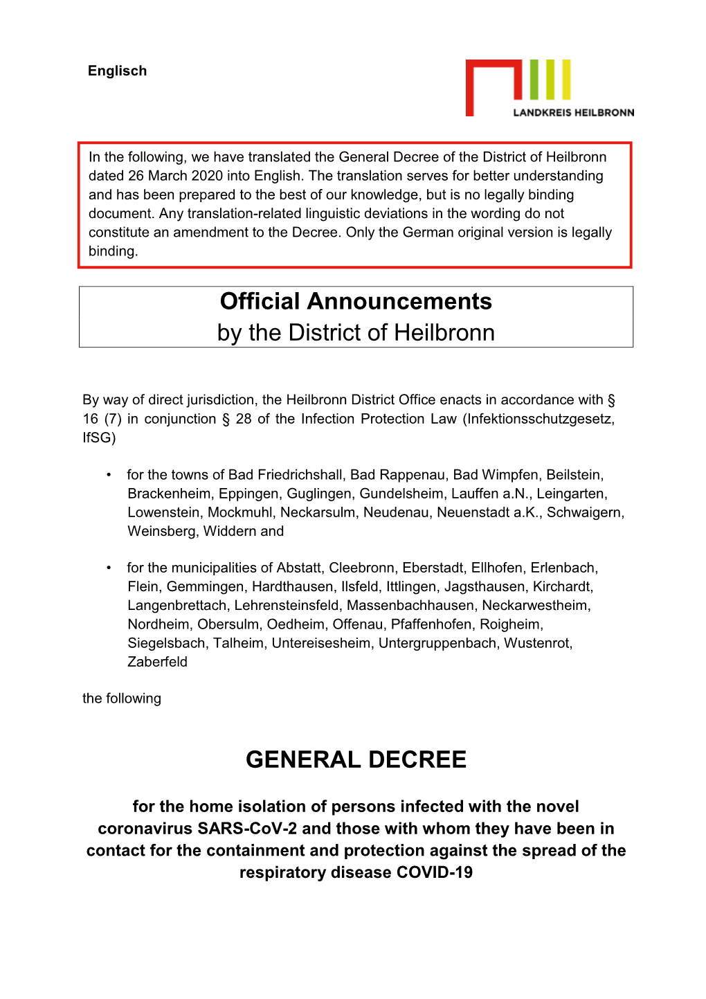 Official Announcements by the District of Heilbronn GENERAL DECREE