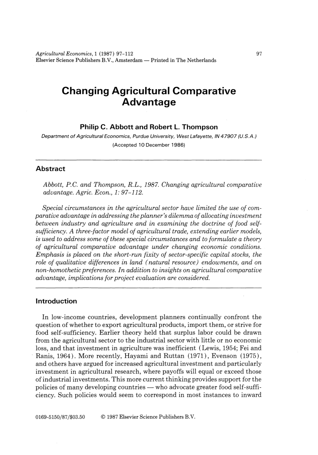 Changing Agricultural Comparative Advantage