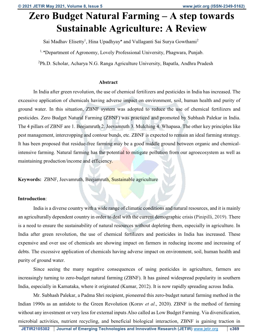 Zero Budget Natural Farming – a Step Towards Sustainable Agriculture: a Review